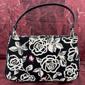 Vintage Lulu Guinness Black White Pink Rosebud Print Baguette Style Handbag  EUC